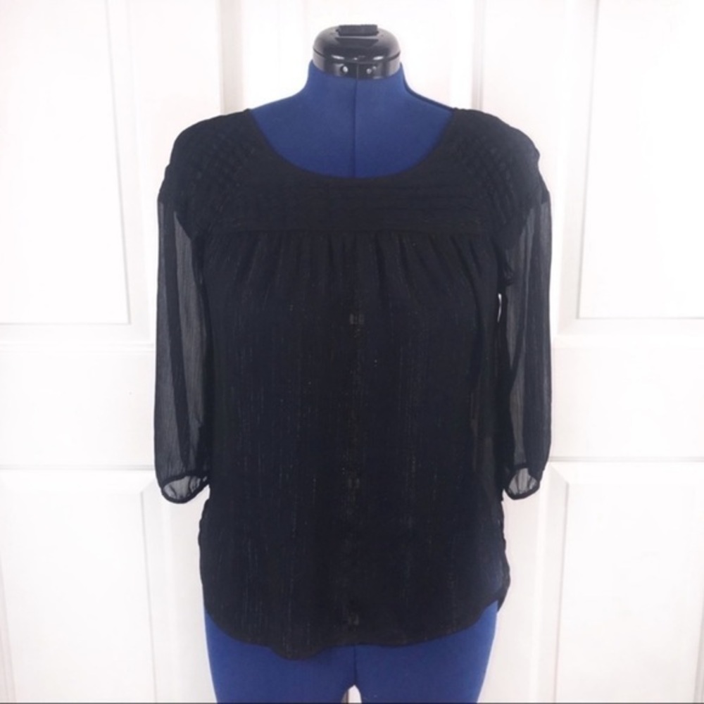 LC Lauren Conrad M semi sheer black metallic stripes flowing 3/4 sleeve top - Picture 8 of 8